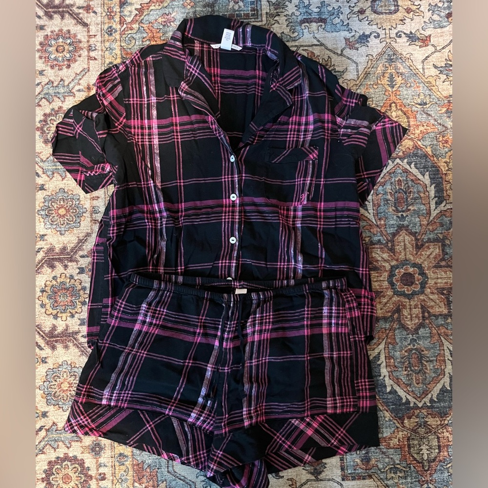 Victoria's Secret Black and Pink Plaid Pajama Set